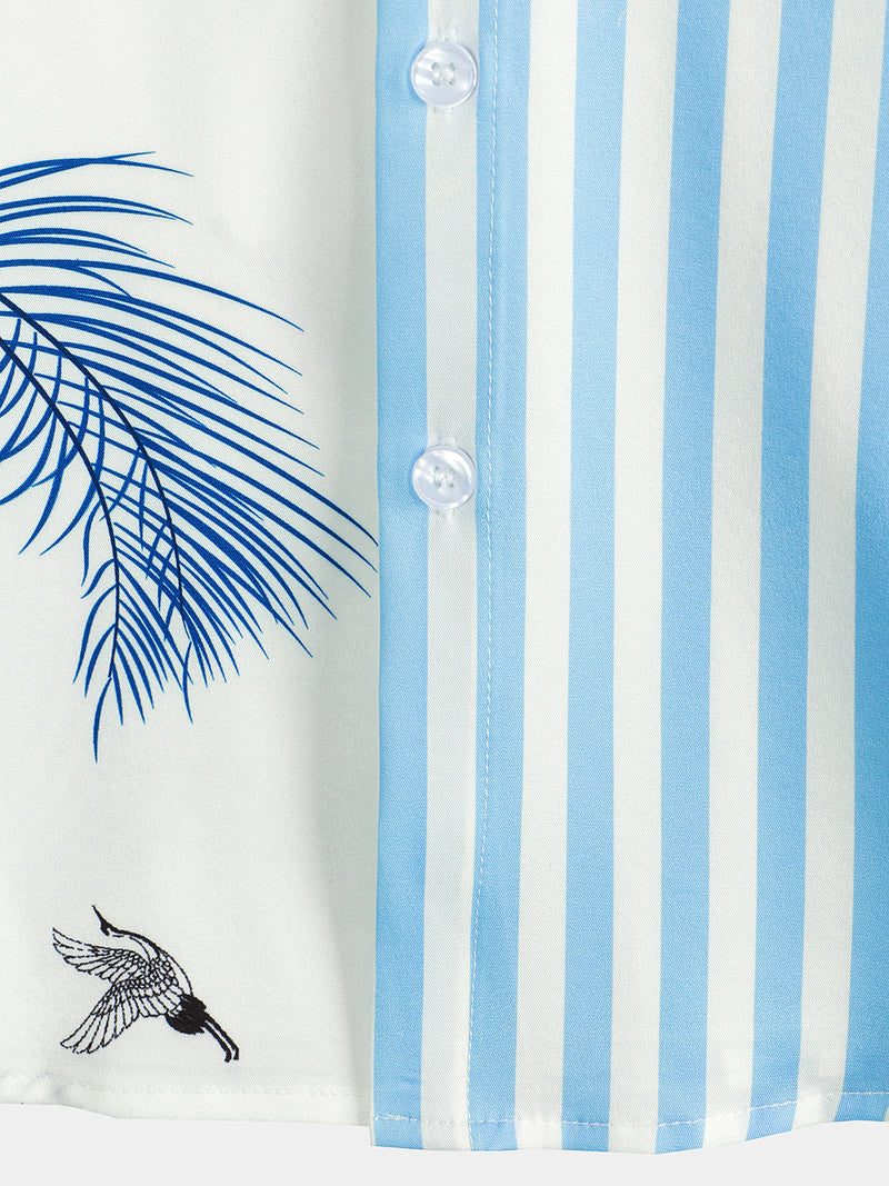 Men's Blue Striped & Leaf  Print Summer Short Sleeve Shirt