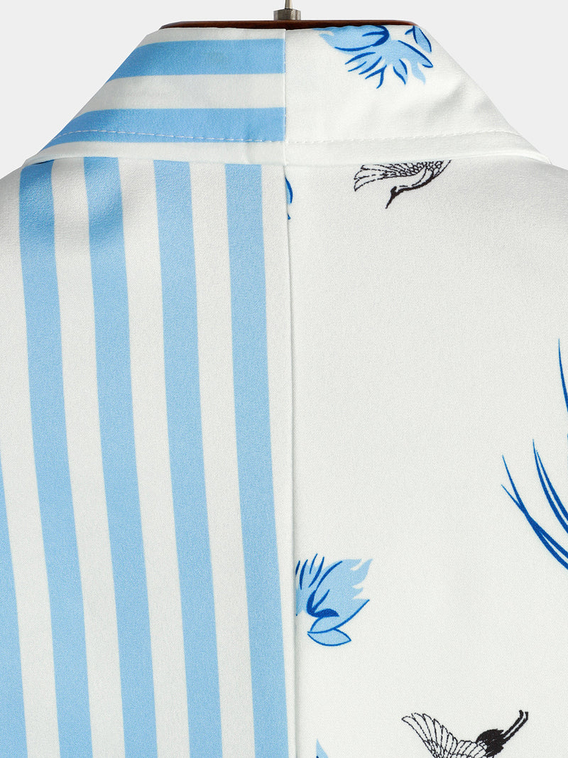 Men's Blue Striped & Leaf  Print Summer Short Sleeve Shirt