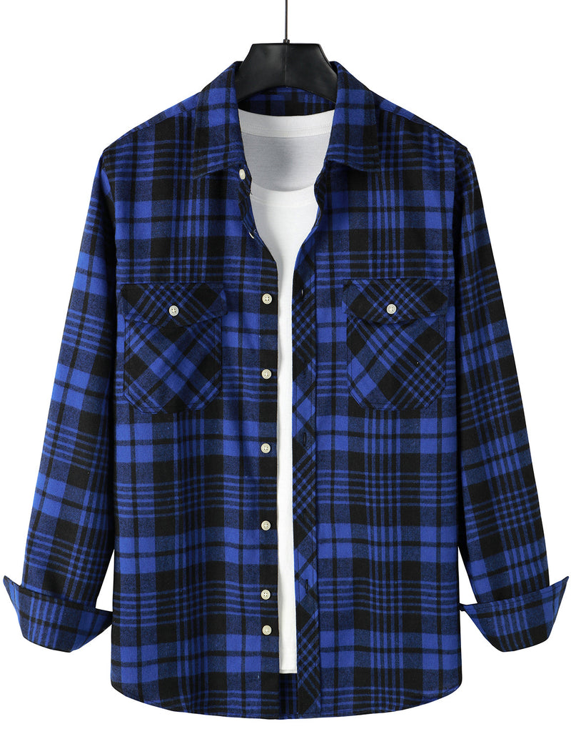 Men's Casual Plaid Double Pocket Flannel Checkered Button Up Long Sleeve Shirt