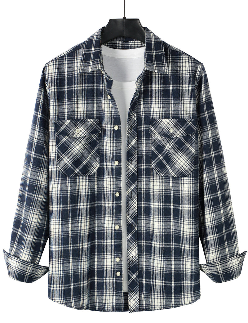Men's Flannel Double Pocket Checkered Button Up Long Sleeve Casual Plaid Shirt