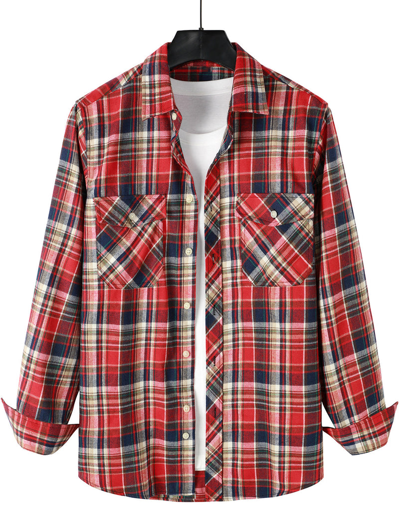 Men's Flannel Double Pocket Checkered Button Up Long Sleeve Casual Plaid Shirt