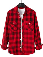 Men's Plaid Double Pocket Button Up Checkered Lapel Long Sleeve Fall Winter Shirt
