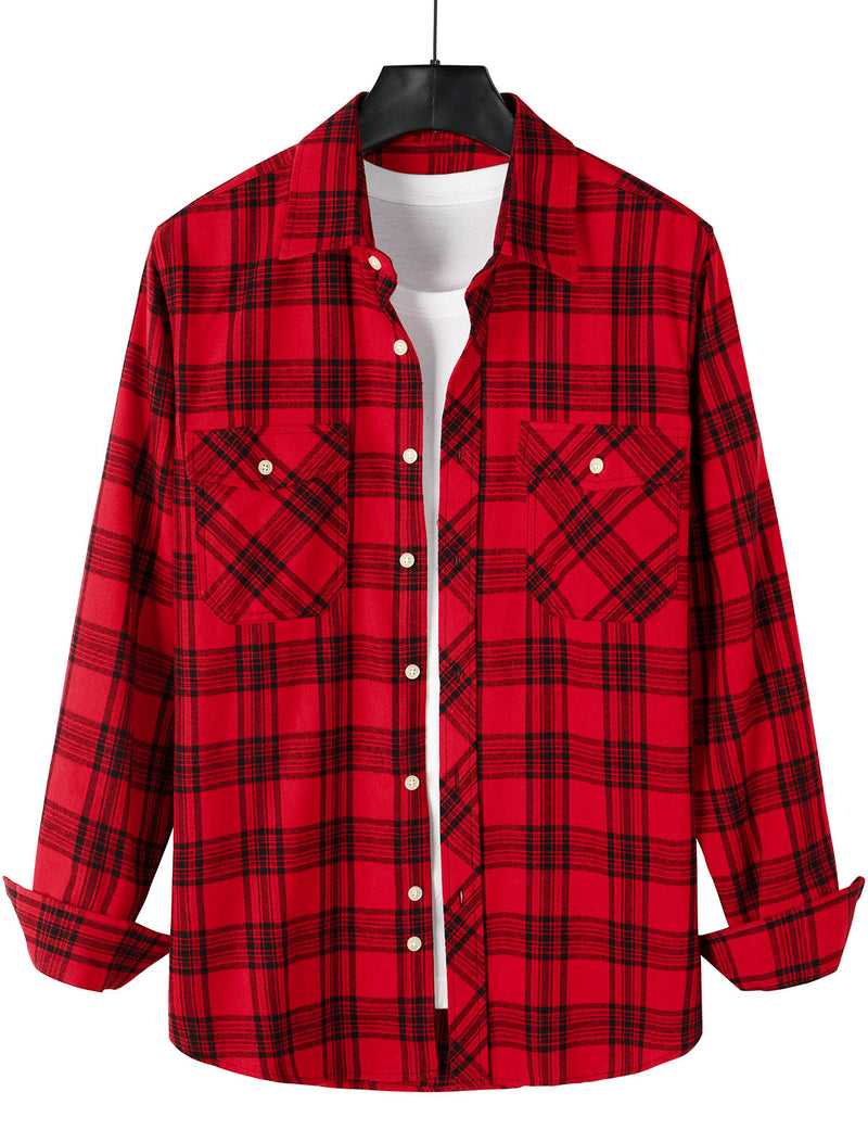Men's Plaid Double Pocket Button Up Checkered Lapel Long Sleeve Fall Winter Shirt