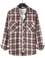 Men's Flannel Double Pocket Checkered Button Up Long Sleeve Casual Plaid Shirt