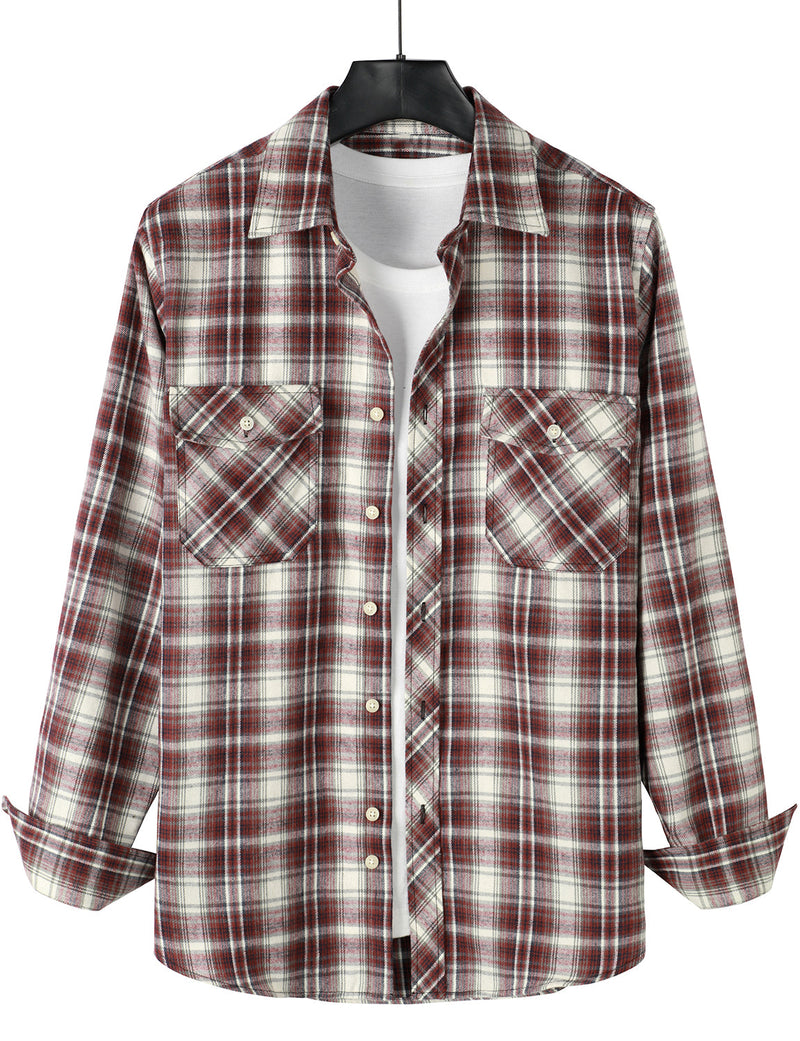 Men's Flannel Double Pocket Checkered Button Up Long Sleeve Casual Plaid Shirt