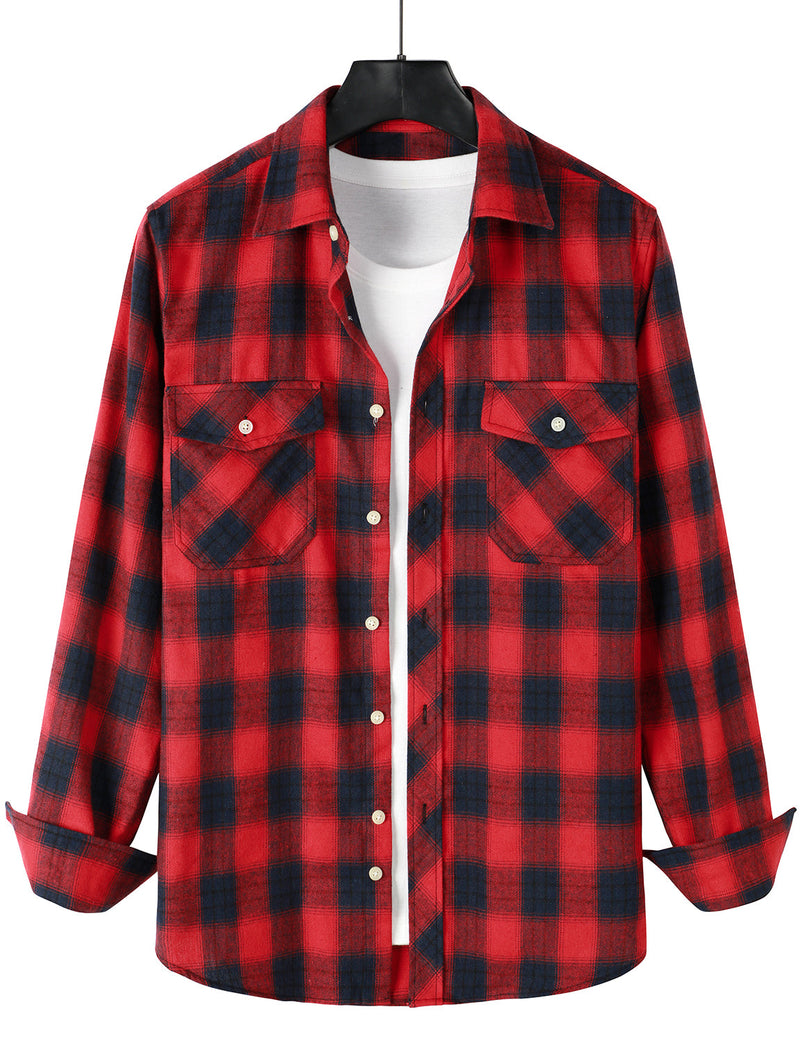 Men's Casual Plaid Double Pocket Flannel Checkered Button Up Long Sleeve Shirt