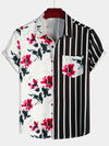 Men's Striped & Red Floral Print Summer Short Sleeve Shirt