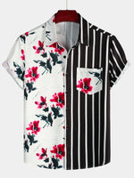 Men's Striped & Red Floral Print Summer Short Sleeve Shirt