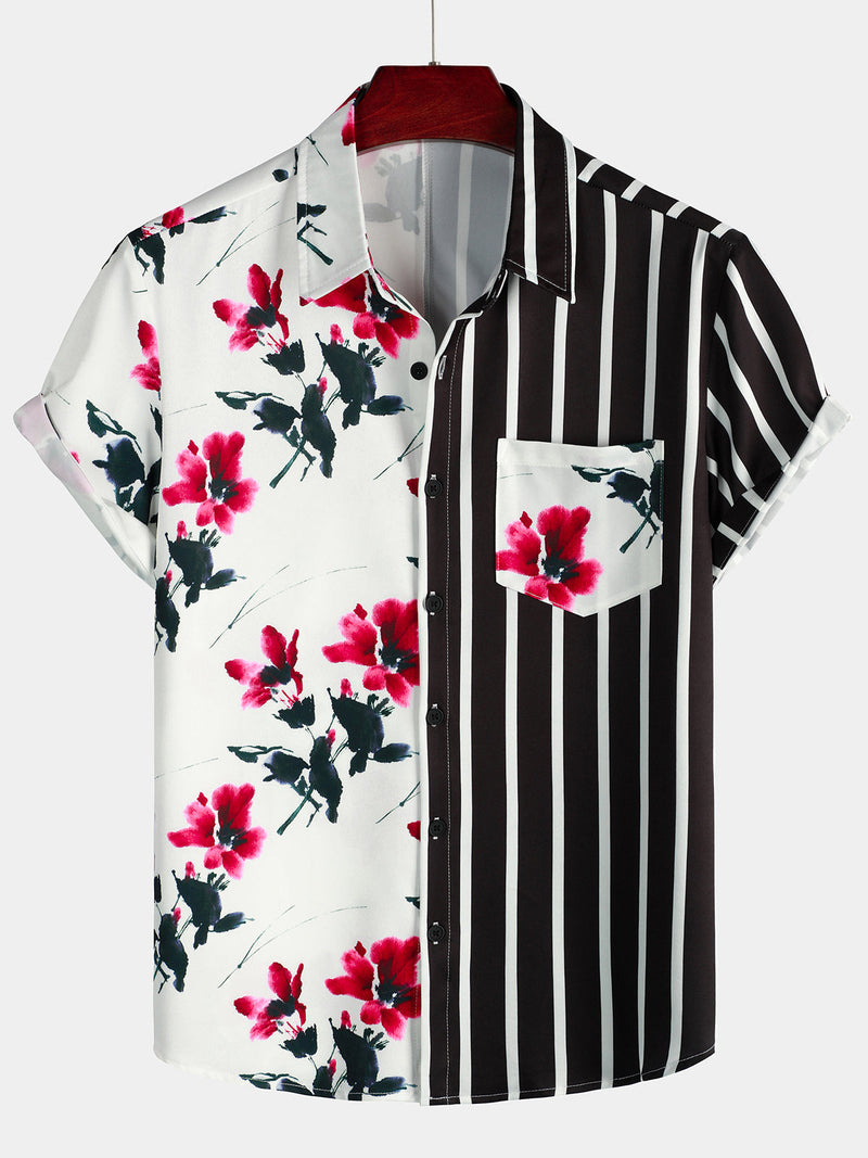 Men's Striped & Red Floral Print Summer Short Sleeve Shirt