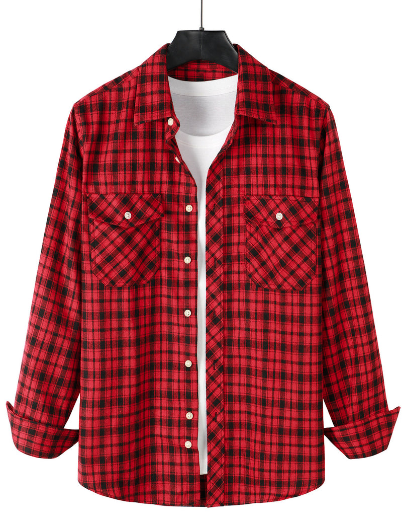 Men's Plaid Double Pocket Button Up Lapel Long Sleeve Flannel Shirt