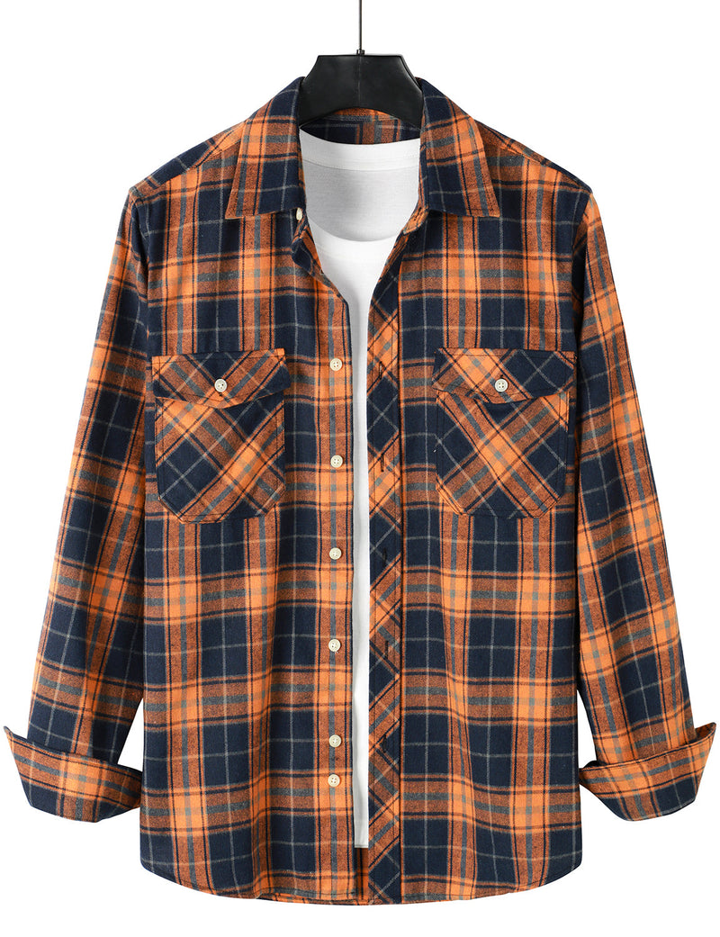 Men's Casual Plaid Double Pocket Flannel Checkered Button Up Long Sleeve Shirt