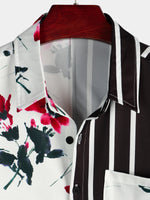 Men's Striped & Red Floral Print Summer Short Sleeve Shirt