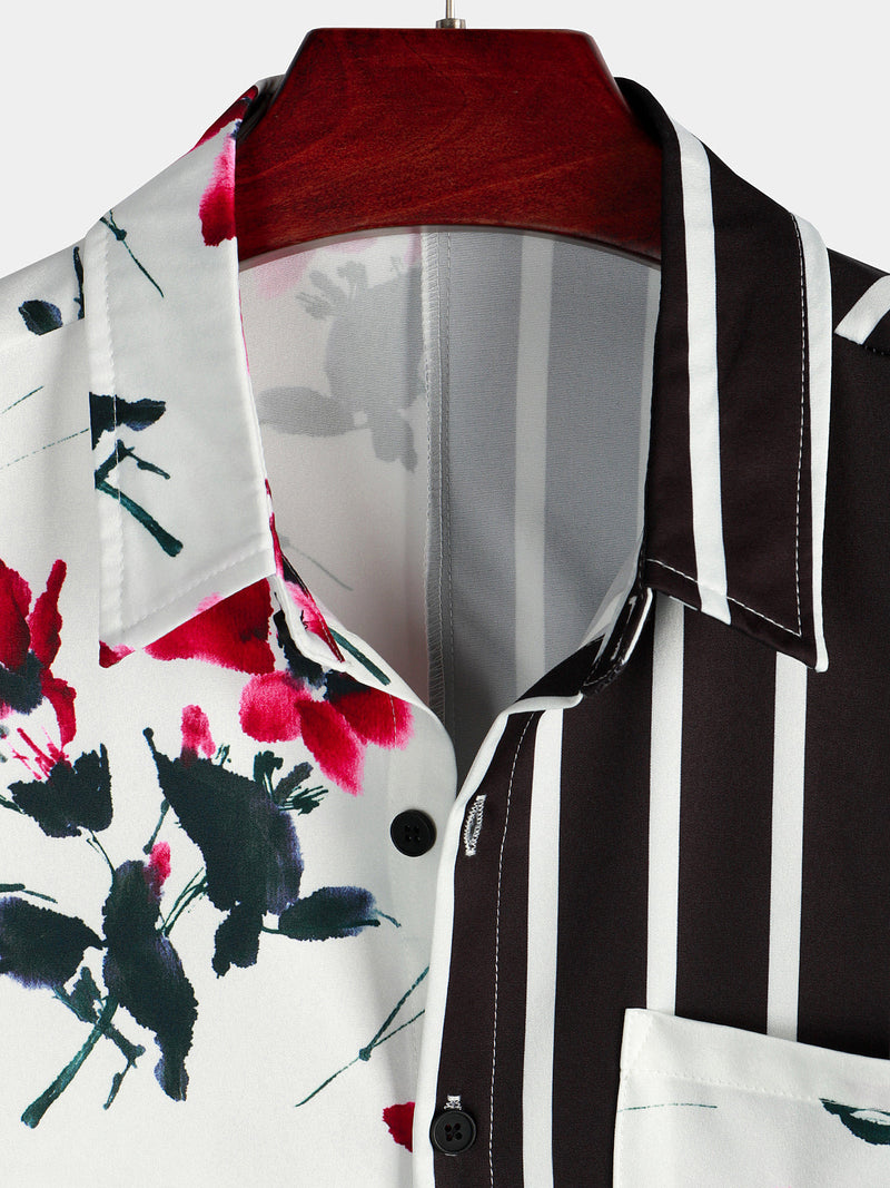 Men's Striped & Red Floral Print Summer Short Sleeve Shirt