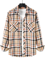Men's Plaid Double Pocket Button Up Checkered Lapel Long Sleeve Fall Winter Shirt