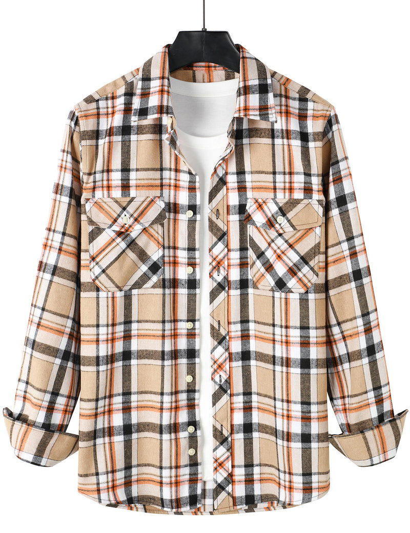 Men's Plaid Double Pocket Button Up Checkered Lapel Long Sleeve Fall Winter Shirt
