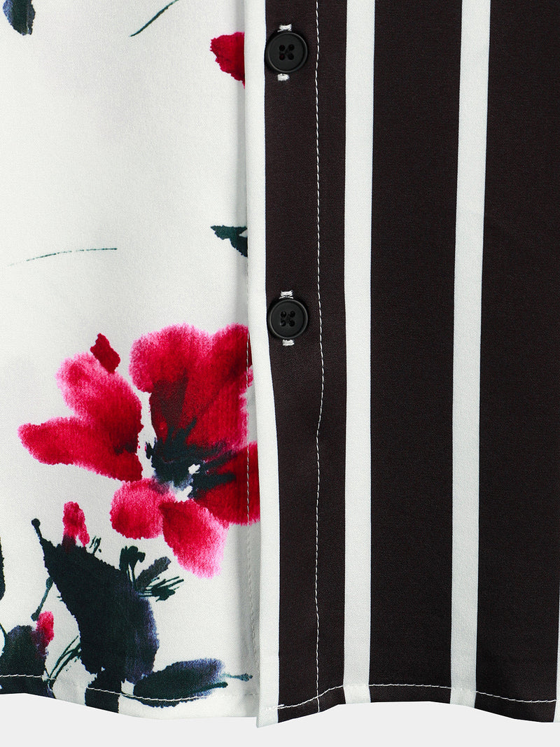 Men's Striped & Red Floral Print Summer Short Sleeve Shirt
