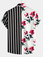 Men's Striped & Red Floral Print Summer Short Sleeve Shirt