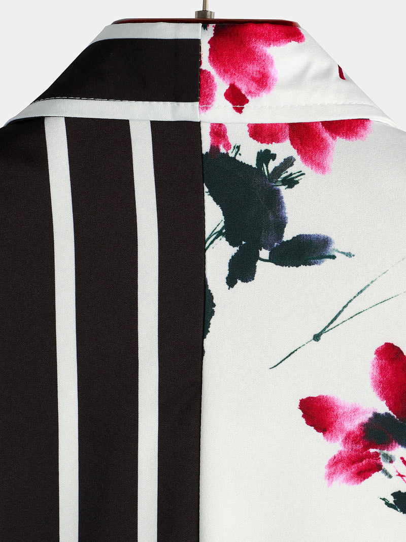 Men's Striped & Red Floral Print Summer Short Sleeve Shirt