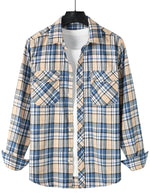 Men's Plaid Double Pocket Button Up Checkered Lapel Long Sleeve Fall Winter Shirt