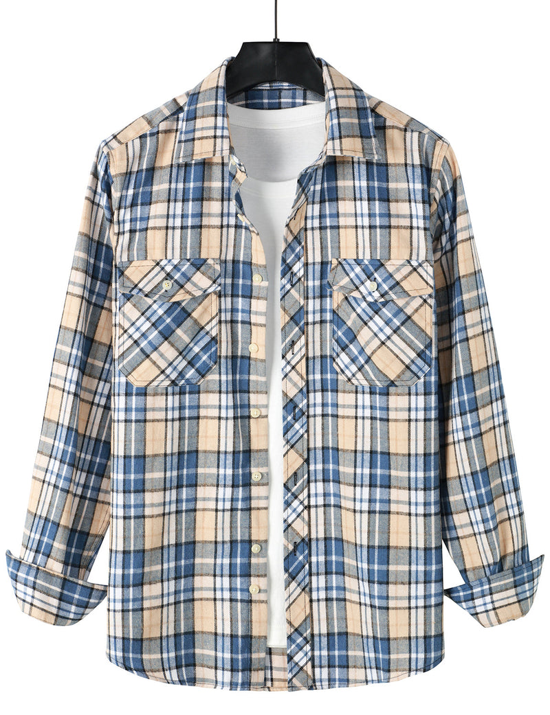 Men's Plaid Double Pocket Button Up Checkered Lapel Long Sleeve Fall Winter Shirt