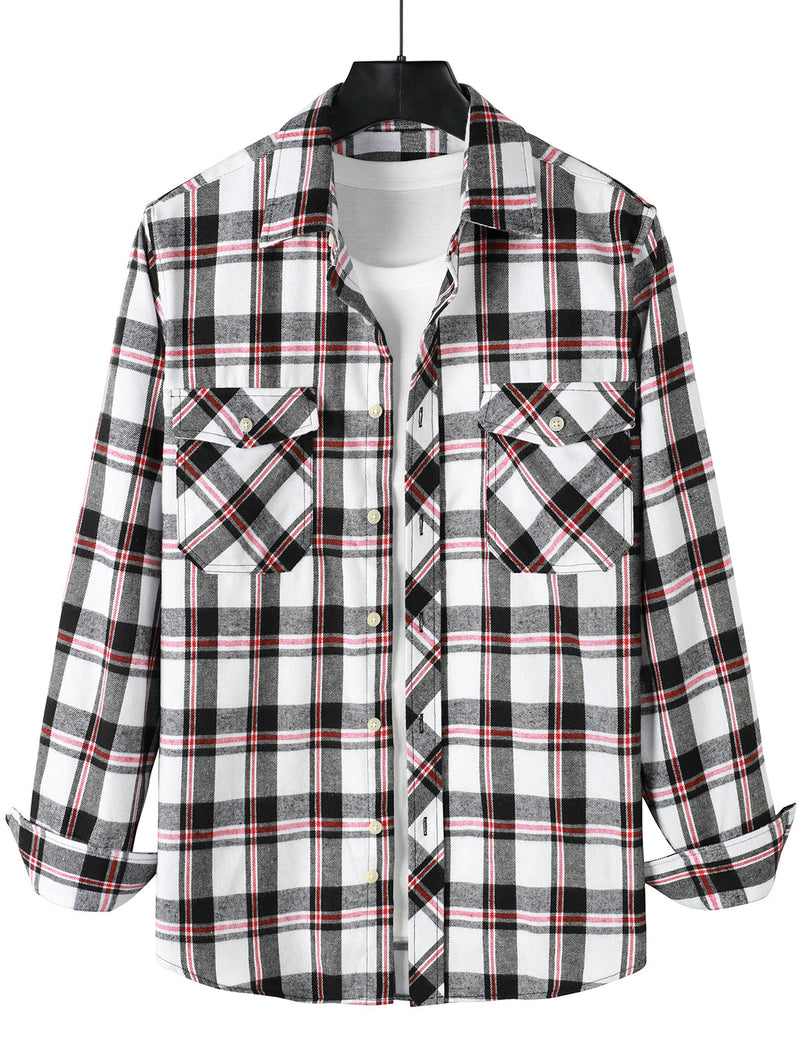 Men's Plaid Double Pocket Button Up Lapel Long Sleeve Flannel Shirt
