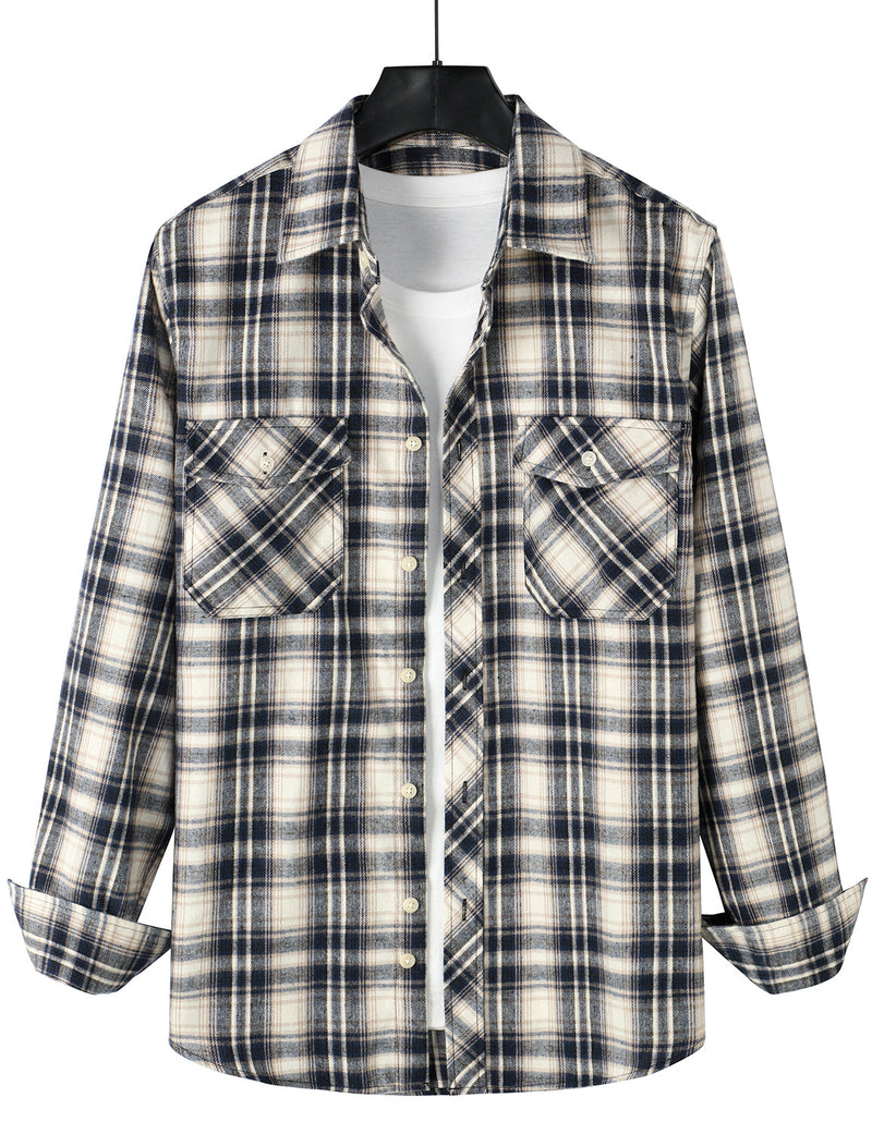 Men's Flannel Double Pocket Checkered Button Up Long Sleeve Casual Plaid Shirt