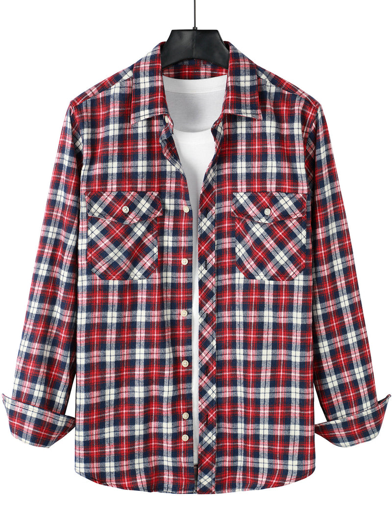 Men's Plaid Double Pocket Button Up Lapel Long Sleeve Flannel Shirt