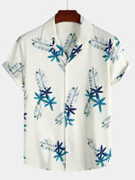 Men's Tropical Floral Print Summer Beach Camp Button Up Beige Short Sleeve Shirt