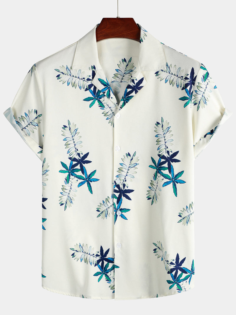 Men's Tropical Floral Print Summer Beach Camp Button Up Beige Short Sleeve Shirt