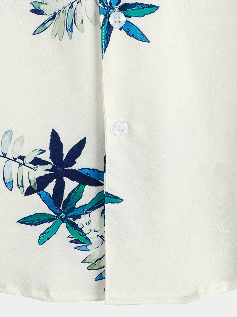 Men's Tropical Floral Print Summer Beach Camp Button Up Beige Short Sleeve Shirt