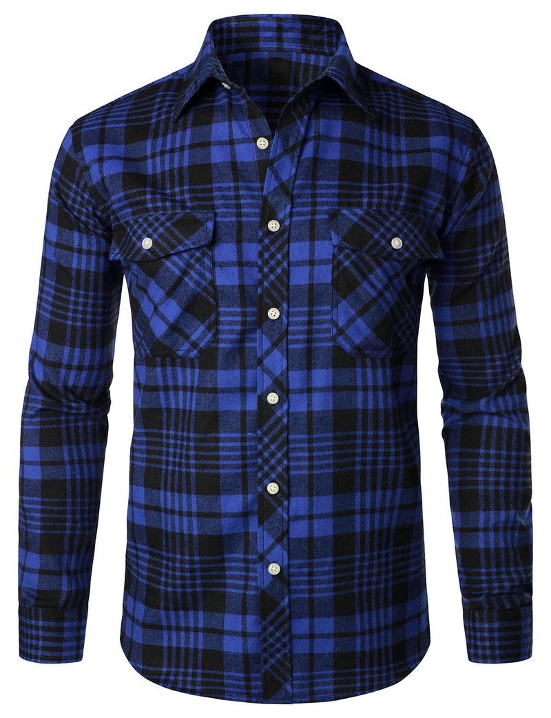 Men's Casual Plaid Double Pocket Flannel Checkered Button Up Long Sleeve Shirt