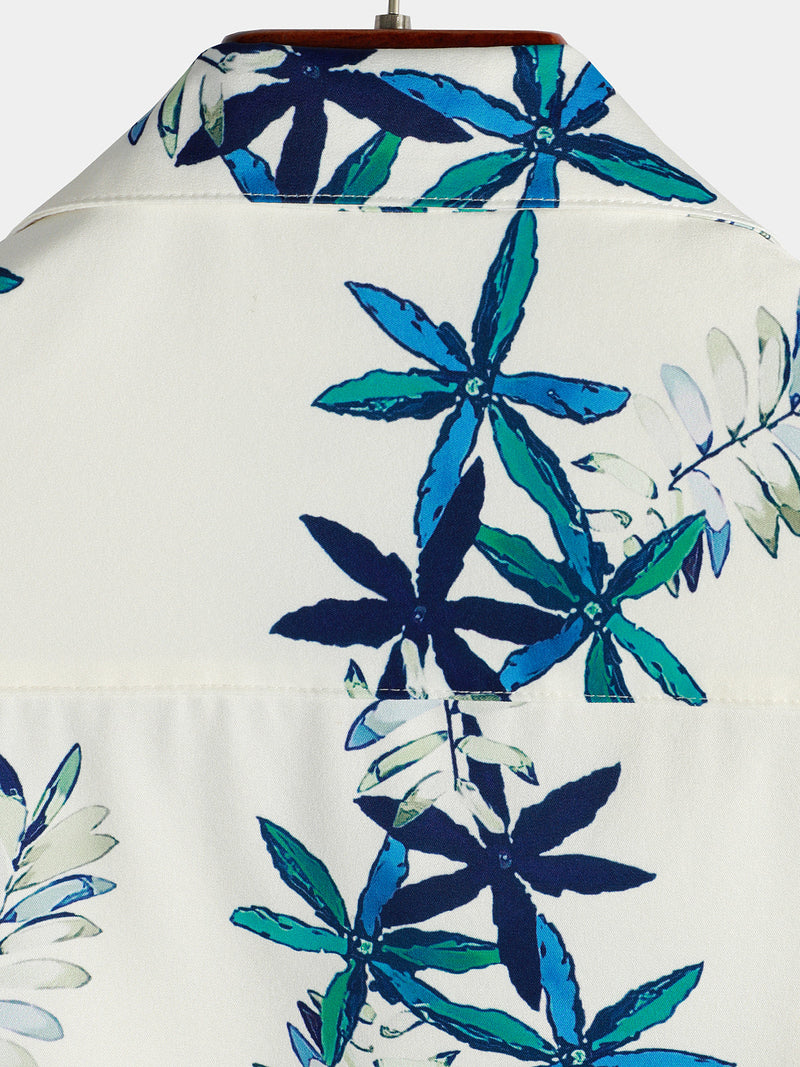 Men's Tropical Floral Print Summer Beach Camp Button Up Beige Short Sleeve Shirt