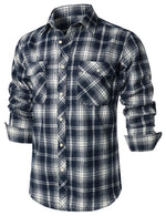 Men's Flannel Double Pocket Checkered Button Up Long Sleeve Casual Plaid Shirt
