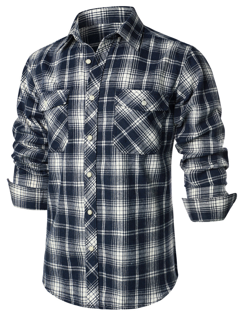 Men's Flannel Double Pocket Checkered Button Up Long Sleeve Casual Plaid Shirt