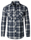 Men's Flannel Double Pocket Checkered Button Up Long Sleeve Casual Plaid Shirt