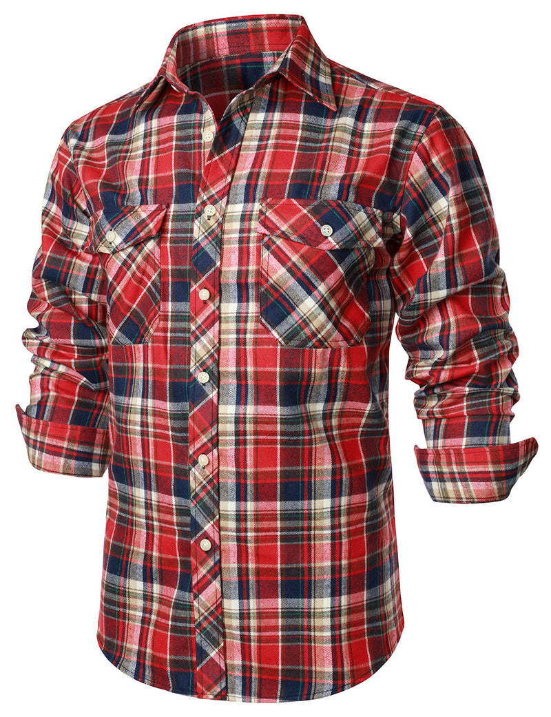 Men's Flannel Double Pocket Checkered Button Up Long Sleeve Casual Plaid Shirt