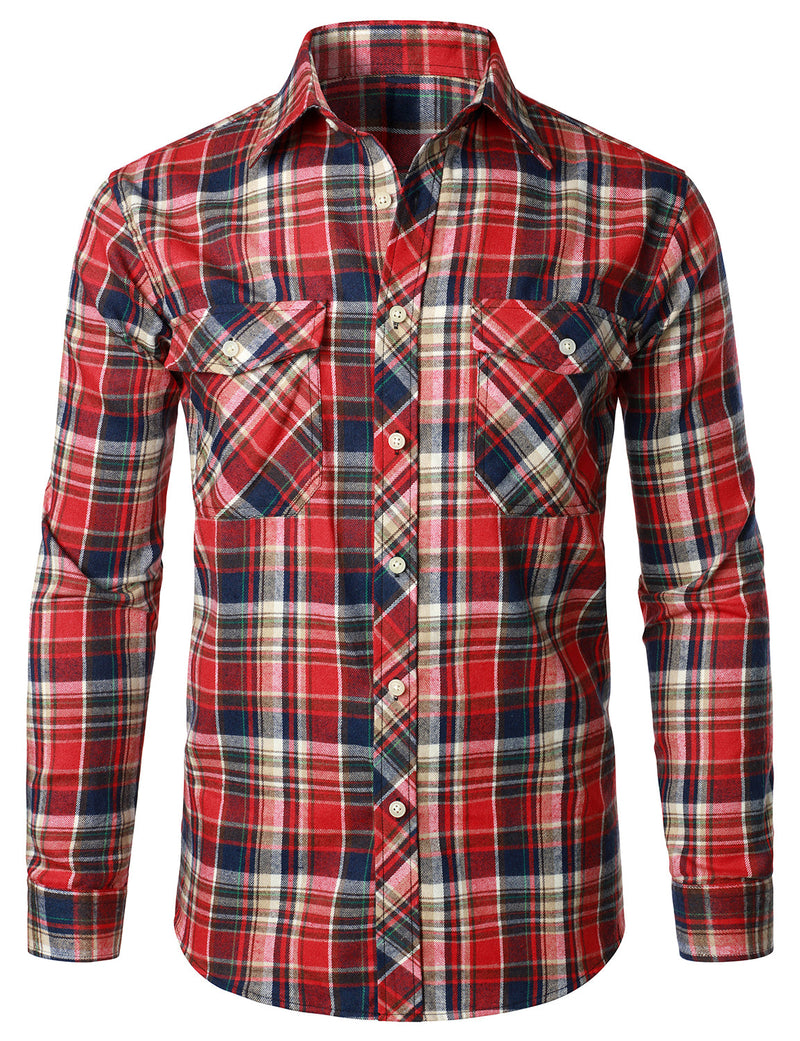Men's Flannel Double Pocket Checkered Button Up Long Sleeve Casual Plaid Shirt