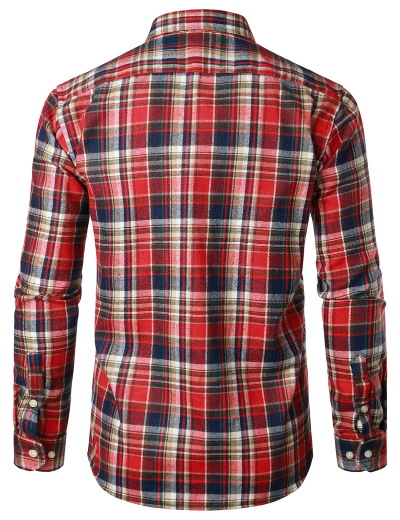 Men's Flannel Double Pocket Checkered Button Up Long Sleeve Casual Plaid Shirt
