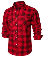 Men's Plaid Double Pocket Button Up Checkered Lapel Long Sleeve Fall Winter Shirt