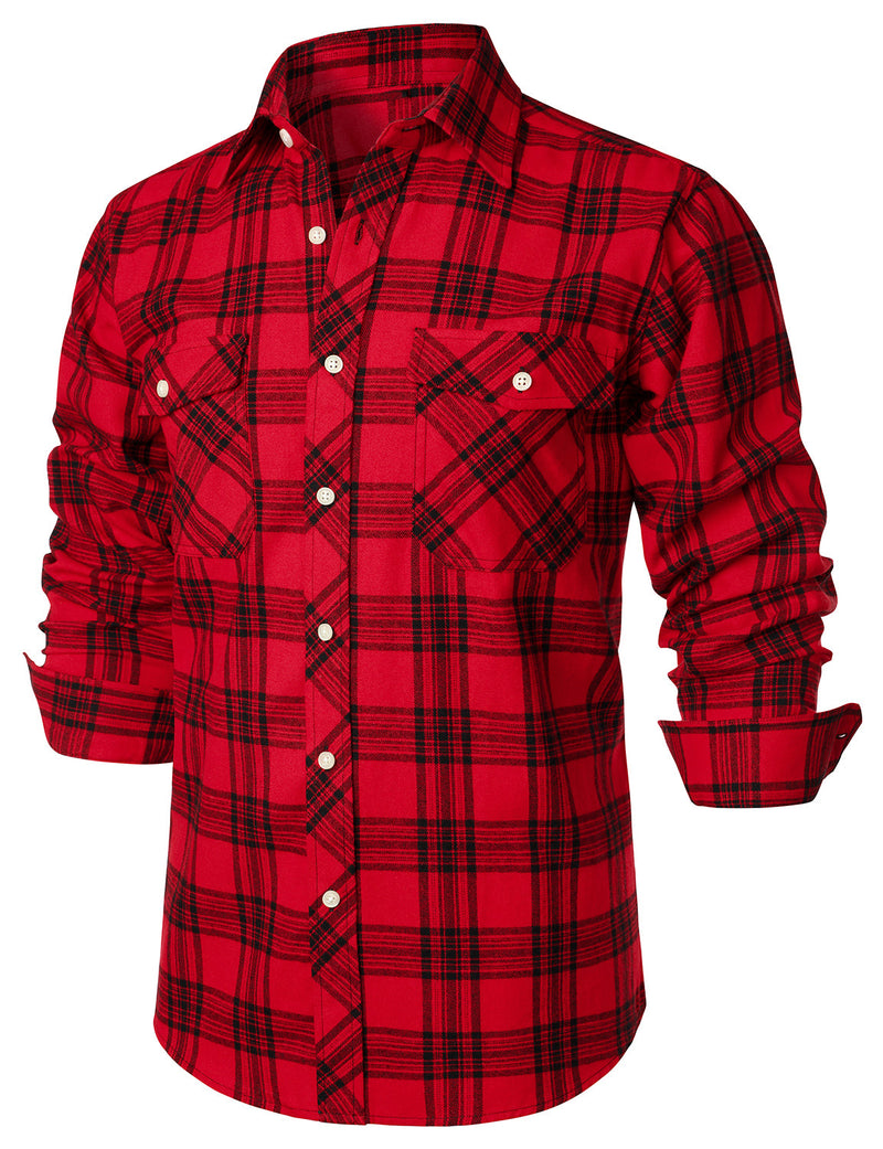 Men's Plaid Double Pocket Button Up Checkered Lapel Long Sleeve Fall Winter Shirt