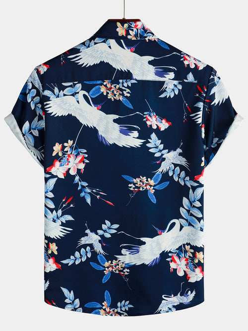 Men's Retro Crane Bird Floral Print Holiday Navy Blue Hawaiian Short Sleeve Shirt