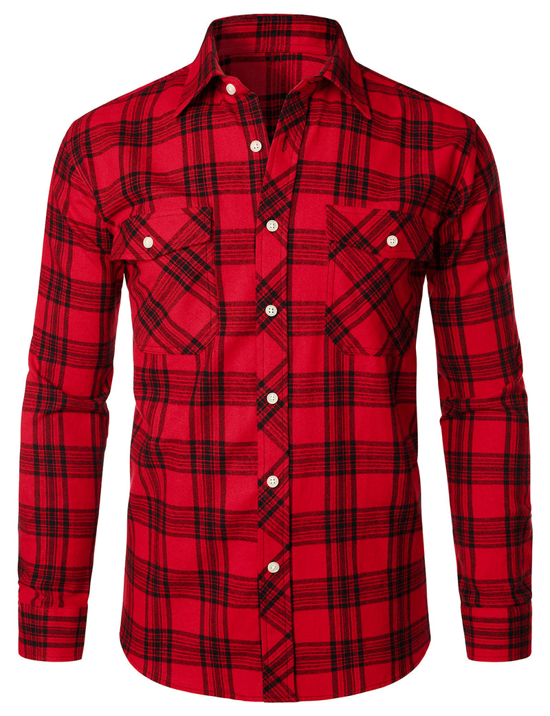 Men's Plaid Double Pocket Button Up Checkered Lapel Long Sleeve Fall Winter Shirt