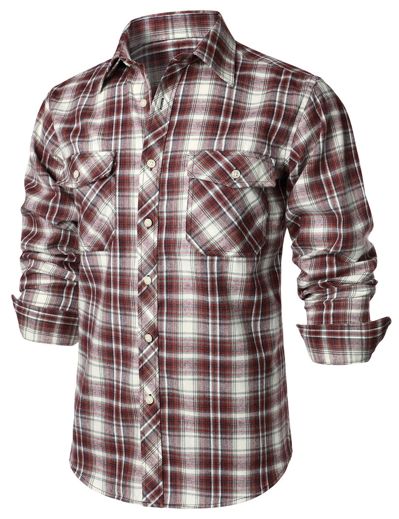 Men's Flannel Double Pocket Checkered Button Up Long Sleeve Casual Plaid Shirt