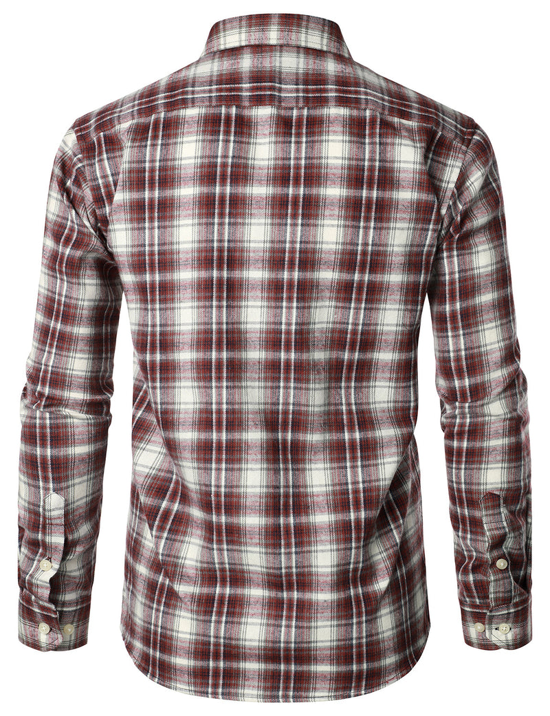 Men's Flannel Double Pocket Checkered Button Up Long Sleeve Casual Plaid Shirt