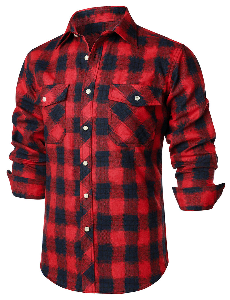 Men's Casual Plaid Double Pocket Flannel Checkered Button Up Long Sleeve Shirt