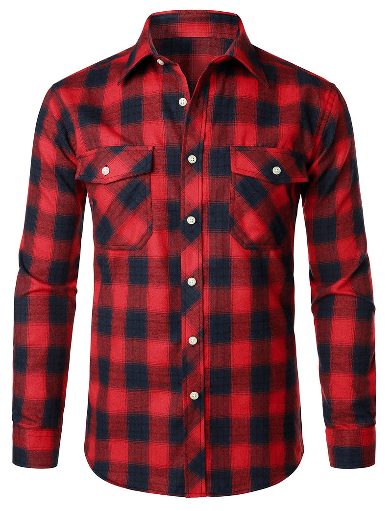 Men's Casual Plaid Double Pocket Flannel Checkered Button Up Long Sleeve Shirt