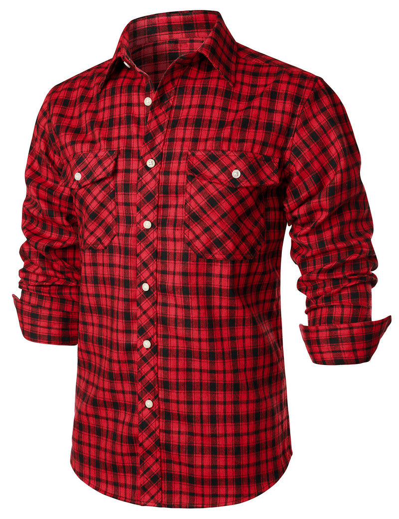 Men's Plaid Double Pocket Button Up Lapel Long Sleeve Flannel Shirt
