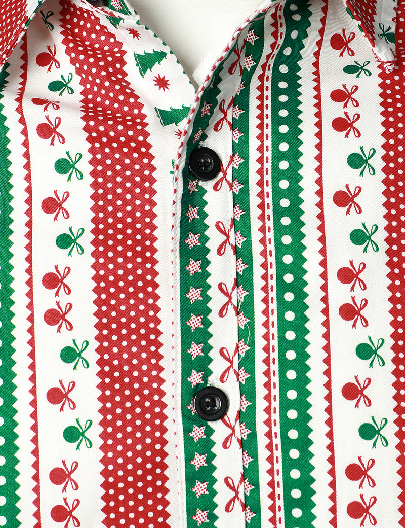 Men's Christmas Print Regular Fit Striped Xmas Holiday Long Sleeve Cotton Dress Shirt