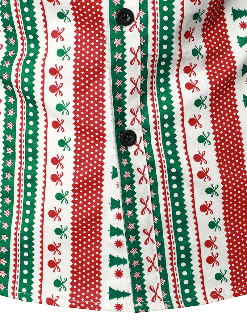 Men's Christmas Print Regular Fit Striped Xmas Holiday Long Sleeve Cotton Dress Shirt
