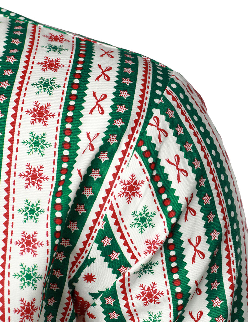 Men's Christmas Print Regular Fit Striped Xmas Holiday Long Sleeve Cotton Dress Shirt